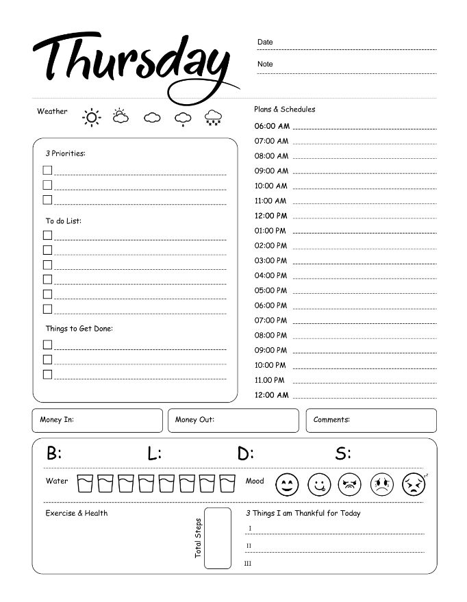 Thursday Daily Planner, Thursday Planner Productivity, Thursday Planner Work, A4 and US Letter Planner, Insert Printable Planner, Instant Download