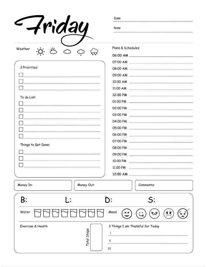 Friday Daily Planner, Friday Planner Productivity, Friday Planner Work, A4 and US Letter Planner, Insert Printable Planner, Instant Download