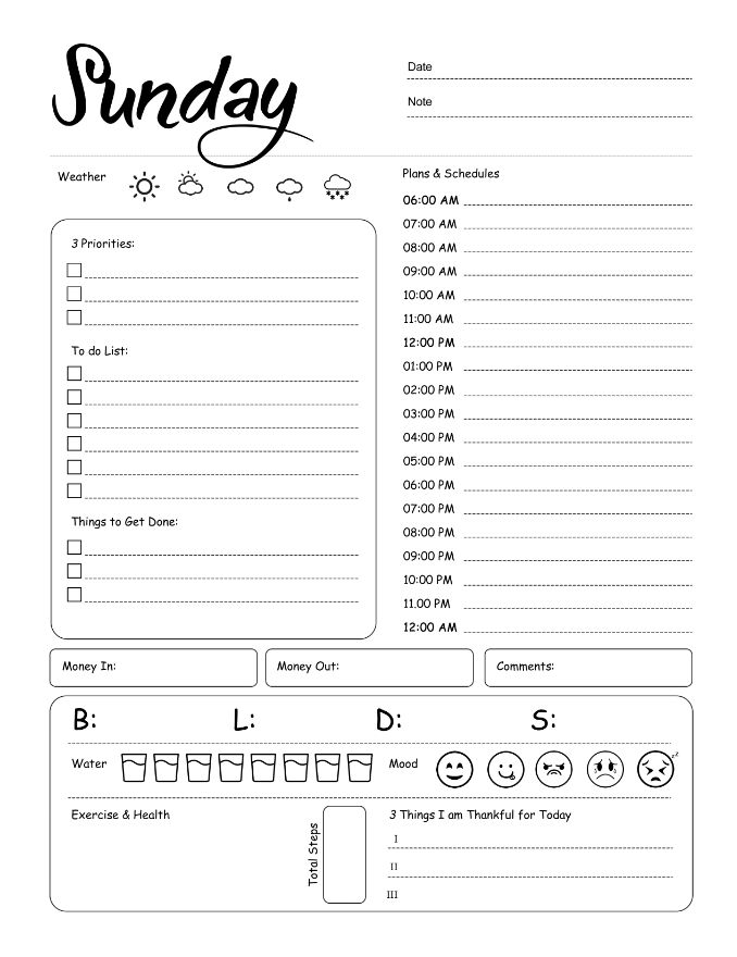 Sunday Daily Planner, Sunday Planner Productivity, Sunday Planner Work, A4 and US Letter Planner, Insert Printable Planner, Instant Download