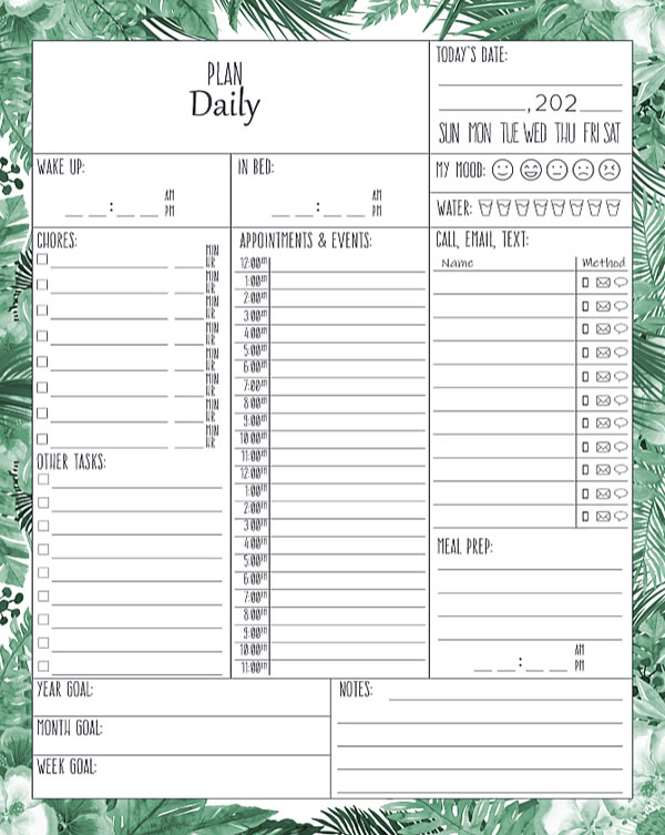 Green Printable Daily Planner Work, A4 and US Letter Planner, Insert Printable Planner, Instant Download