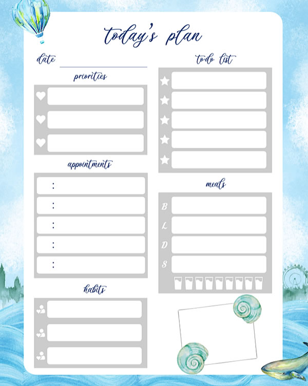 Beach watercolor Printable Daily Planner Work, A4 and US Letter Planner, Insert Printable Planner, Instant Download