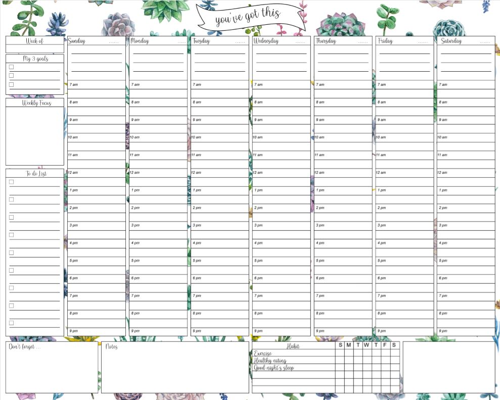 Watercolor Succulent Plants Printable Weekly Planner Work, desk planner, weekly agenda, week organizer, A4 and US Letter Planner, Insert Printable Planner, Instant Download