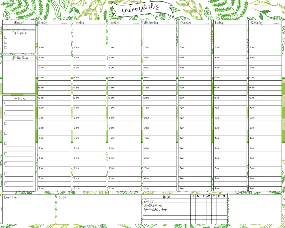 Green Printable Weekly Planner Work, desk planner, weekly agenda, week organizer, A4 and US Letter Planner, Insert Printable Planner, Instant Download