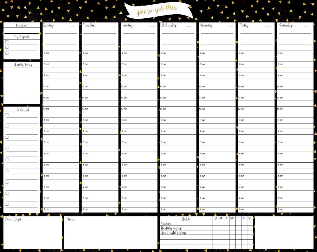 Gold glitter Printable Weekly Planner Work, desk planner, weekly agenda, week organizer, A4 and US Letter Planner, Insert Printable Planner, Instant Download