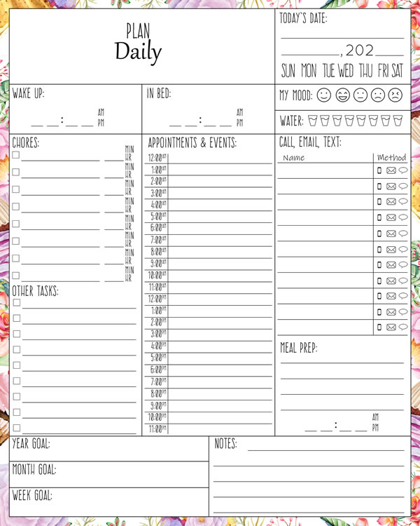 printable Daily Planner, Floral Daily Planner page