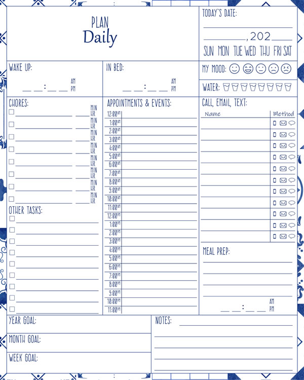 Printable Azulejos Daily Planner, Day on 1 Page, Daily Agenda, Hourly Dated, Planner