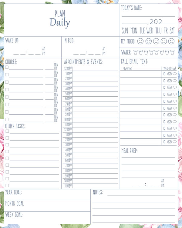 Hydrangea Printable Daily Planner Work, A4 and US Letter Planner, Insert Printable Planner, Instant Download