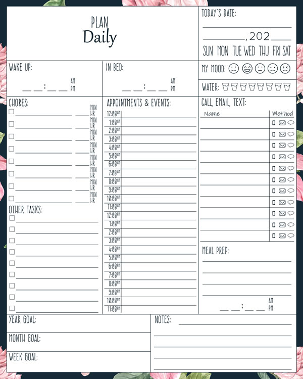 Roses Printable Daily Planner Work, A4 and US Letter Planner, Insert Printable Planner, Instant Download