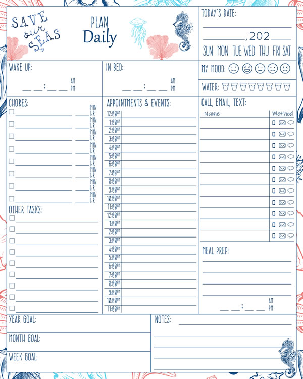 Save our seas Printable Daily Planner Work, A4 and US Letter Planner, Insert Printable Planner, Instant Download