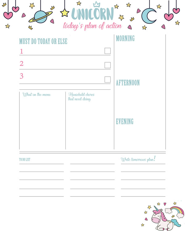 Printable Daily Planner - Unicorn theme, Kids activities - A4 and US Letter Planner, HD pdf, Instant Download