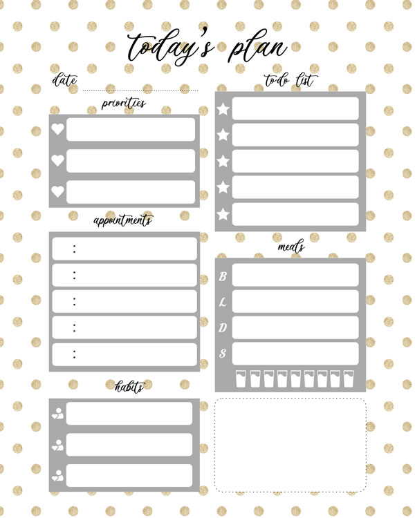 Printable Daily Planner - Glitter Polka dots, Gold and metallic glitter color - A4 and US Letter Planner, HD pdf, Instant Download