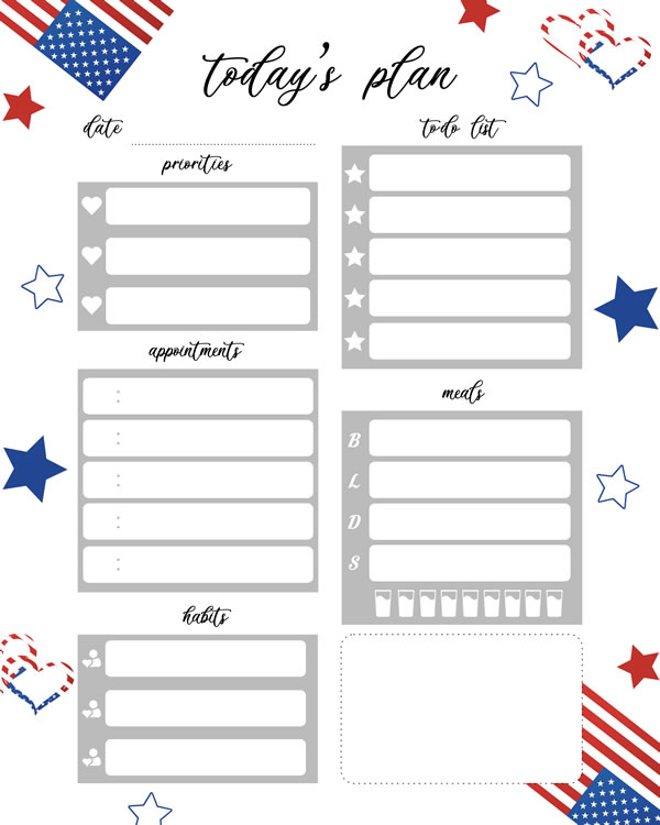 printable Daily Planner - USA, 4th July Patriotic, Independence Day , Red Blue - A4 and US Letter Planner, HD pdf, Instant Download