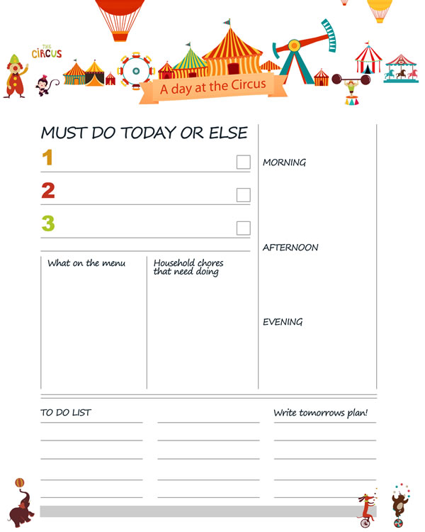 Circus Printable Daily kids Planner Work, A4 and US Letter Planner, Insert Printable Planner, Instant Download