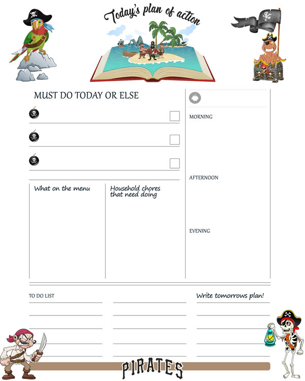 Pirates Printable kids Daily Planner Work, A4 and US Letter Planner, Insert Printable Planner, Instant Download
