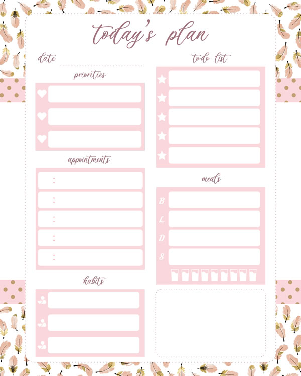 Pink and gold feathers Printable Daily Planner Work, A4 and US Letter Planner, Insert Printable Planner, Instant Download