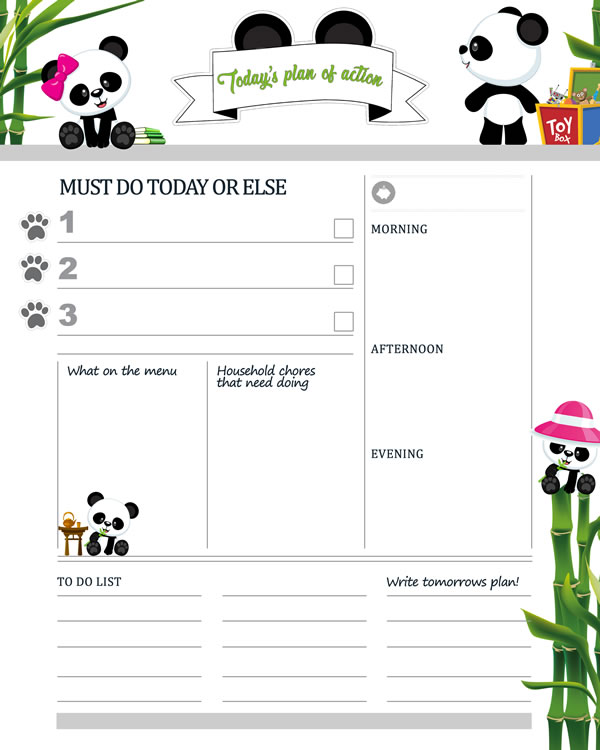 Panda bear Printable kids Daily Planner Work, A4 and US Letter Planner, Insert Printable Planner, Instant Download