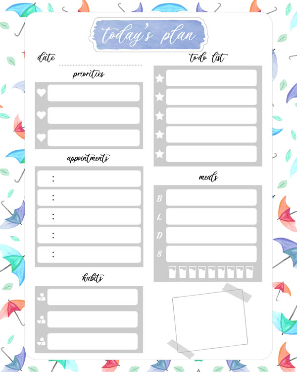 Umbrella fantasy Printable Daily Planner Work, A4 and US Letter Planner, Insert Printable Planner, Instant Download