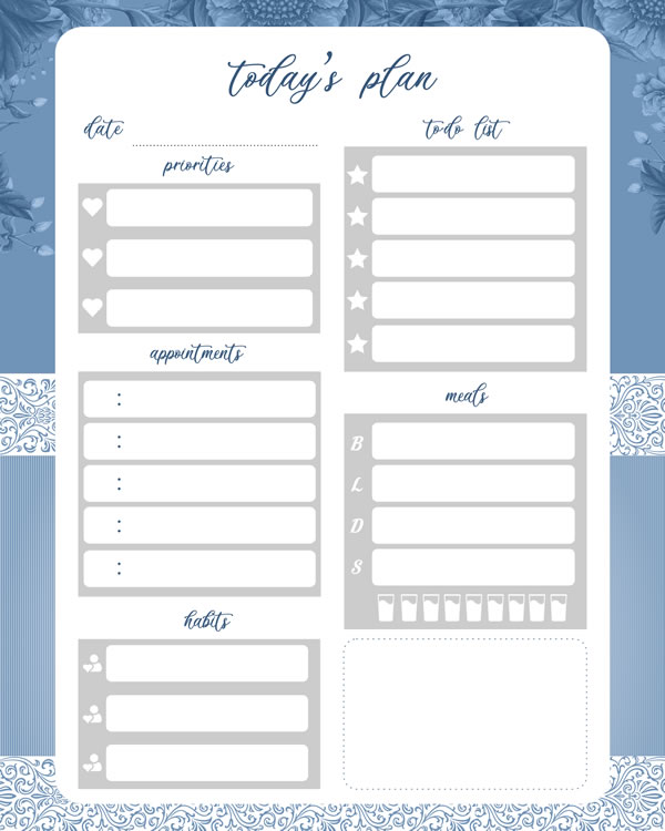 Blue Botanical Printable Daily Planner Work, A4 and US Letter Planner, Insert Printable Planner, Instant Download