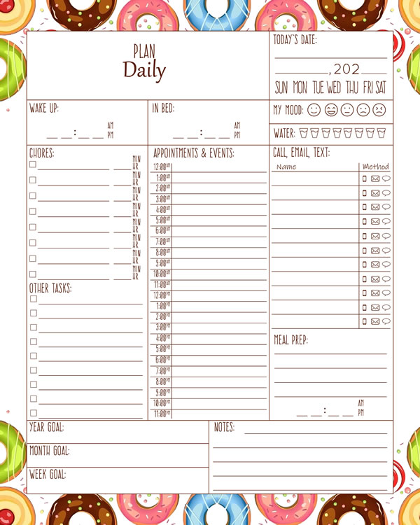 Donut Printable Daily Planner Work, A4 and US Letter Planner, Insert Printable Planner, Instant Download