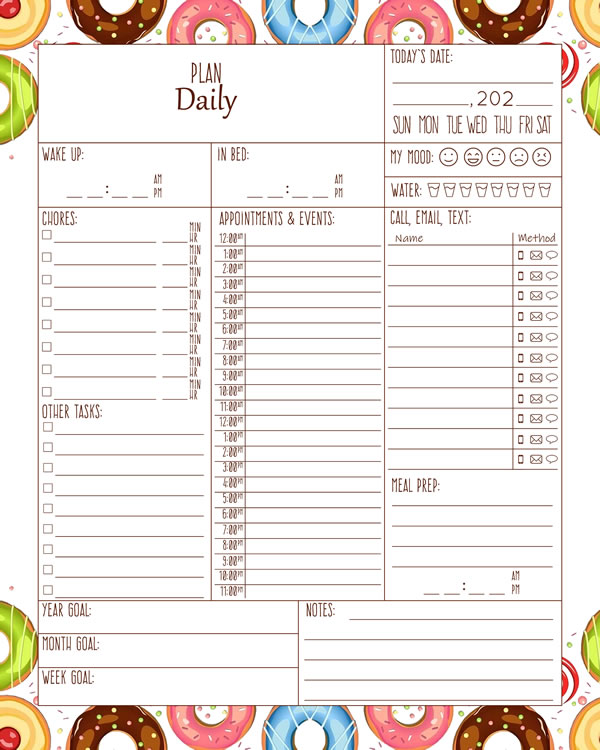 Donut Printable Daily Planner Work, A4 and US Letter Planner, Insert Printable Planner, Instant Download