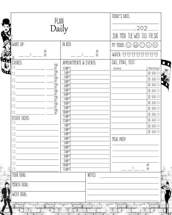 Cinema Printable Daily Planner Work, A4 and US Letter Planner, Insert Printable Planner, Instant Download