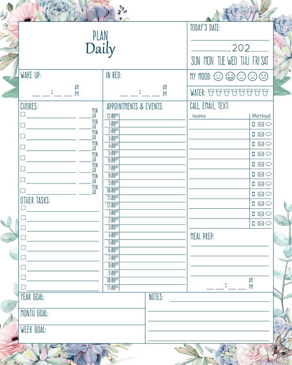Floreal Printable Daily Planner Work, A4 and US Letter Planner, Insert Printable Planner, Instant Download