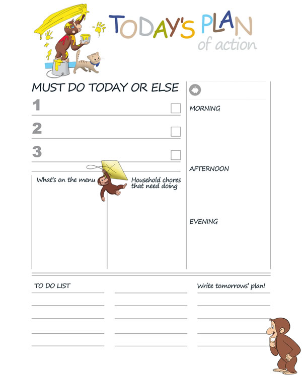 Curious George Printable Daily Planner Work, A4 and US Letter Planner, Insert Printable Planner, Instant Download