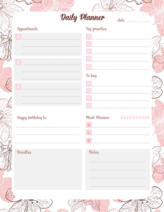 Pink Flowers Printable Kids Daily Planner Work, A4 and US Letter Planner, Insert Printable Planner, Instant Download