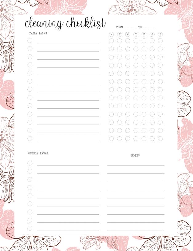 Pink Flowers Cleaning Checklist