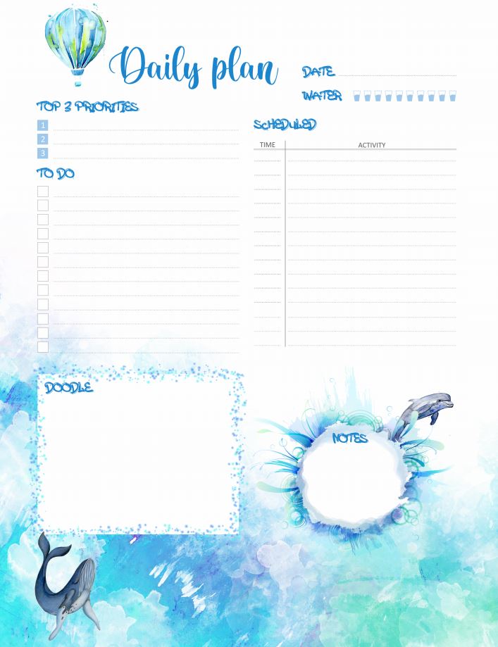 Printable Sea Daily Planner Work, A4 and US Letter Planner, Insert Printable Planner, Instant Download