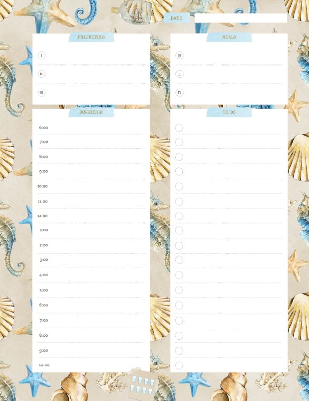 Printable Sea Daily Planner Work Organizer, A4 and US Letter Planner, Insert Printable Planner, Instant Download