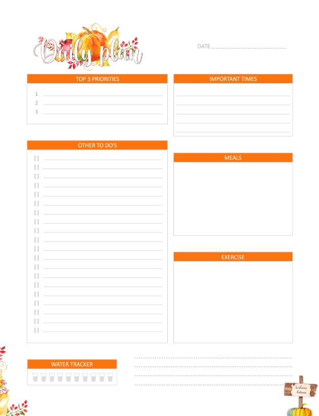 Printable Autumn Daily Planner Work Organizer, A4 and US Letter Planner, Insert Printable Planner, Instant Download