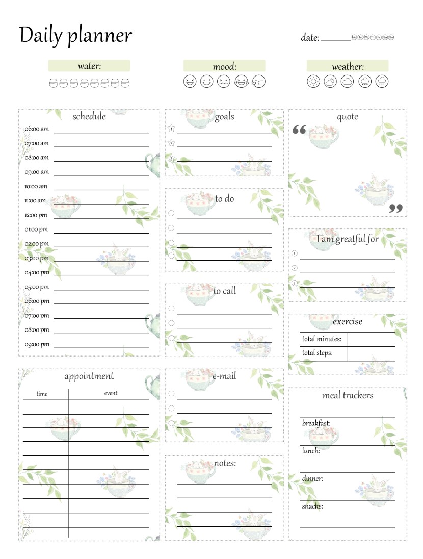 Printable rabbits Daily Planner Work, A4 and US Letter Planner, Insert Printable Planner, Instant Download