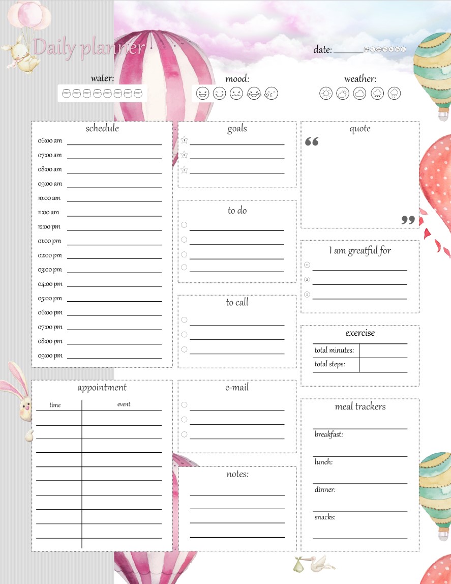 Printable hot air balloons Daily Planner Work, A4 and US Letter Planner, Insert Printable Planner, Instant Download