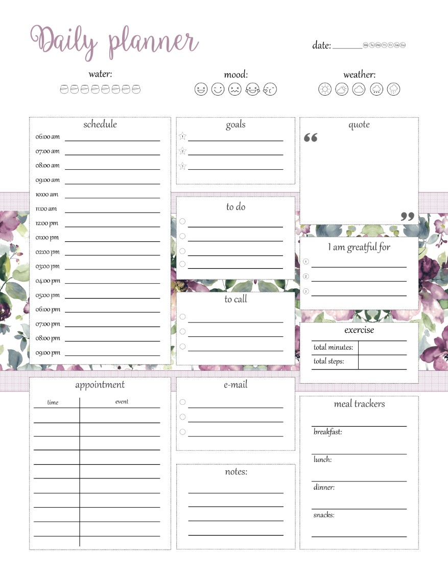 Flowers Printable Daily Planner Work, A4 and US Letter Planner, Insert Printable Planner, Instant Download