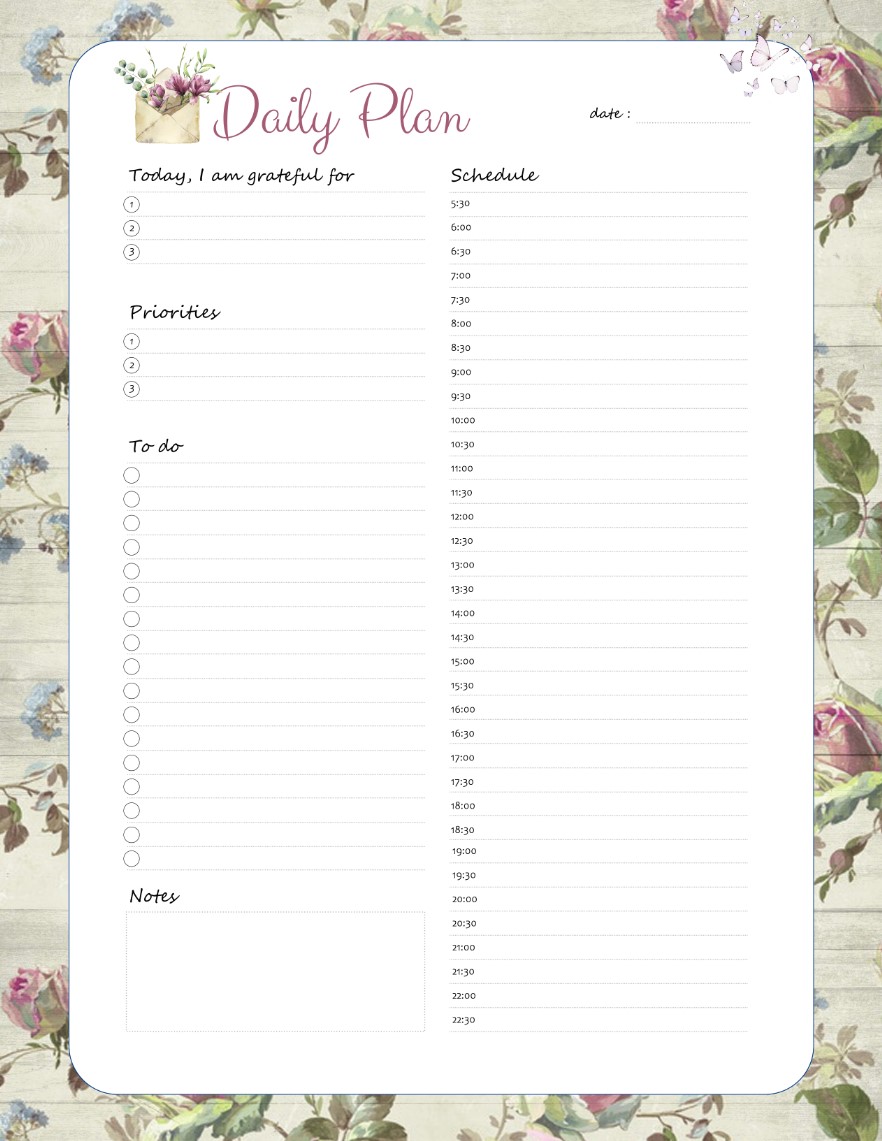 Flowers Printable Daily Planner Work, A4 and US Letter Planner, Insert Printable Planner, Instant Download
