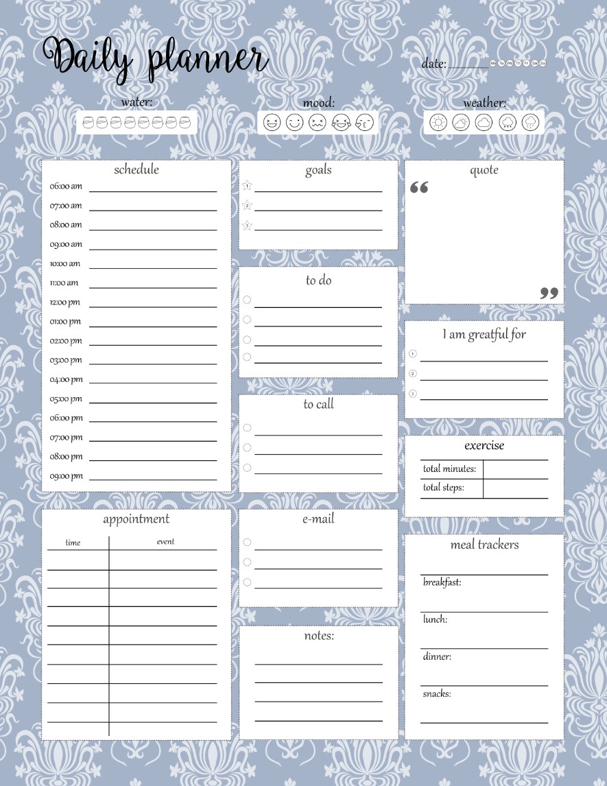 Blue Printable Daily Planner Work, A4 and US Letter Planner, Insert Printable Planner, Instant Download