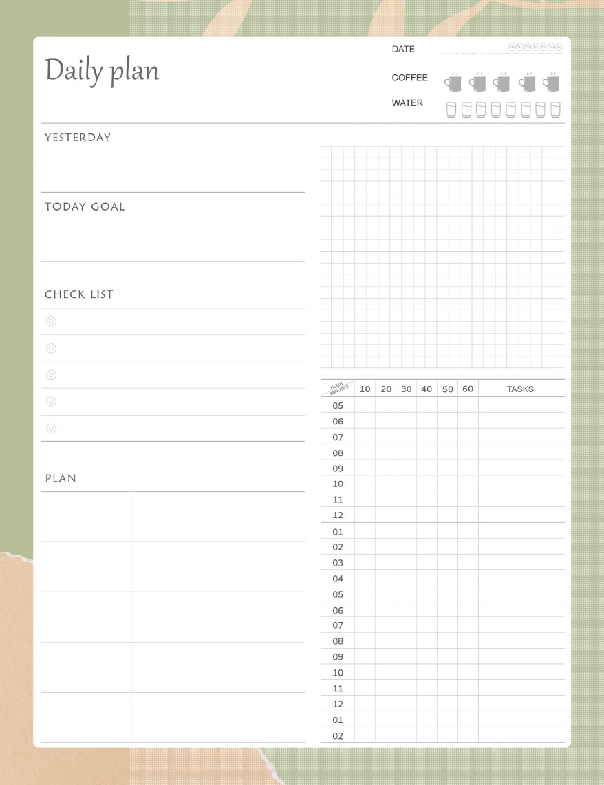 Green Printable Daily Planner Work, A4 and US Letter Planner, Insert Printable Planner, Instant Download