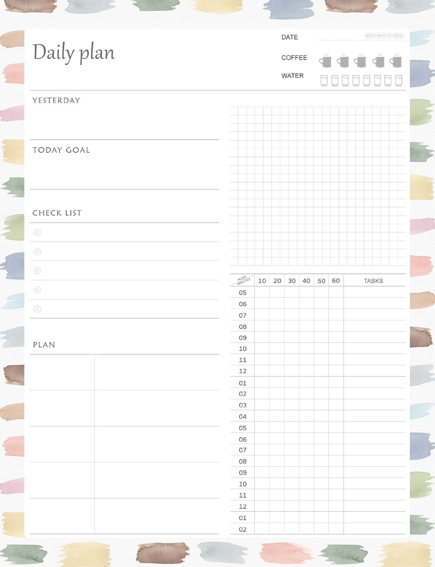 Watercolor Printable Daily Planner Work, A4 and US Letter Planner, Insert Printable Planner, Instant Download