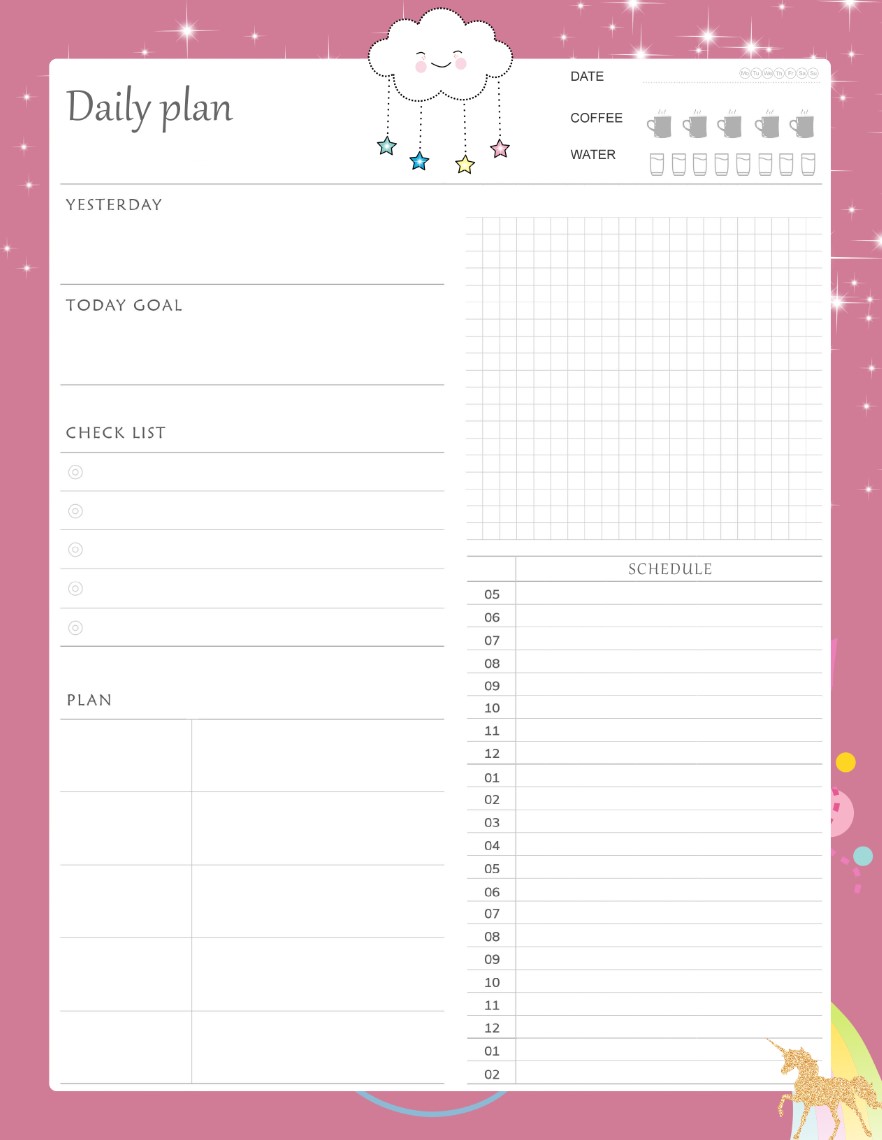 Printable Unicorn Daily Planner Work, A4 and US Letter Planner, Insert Printable Planner, Instant Download