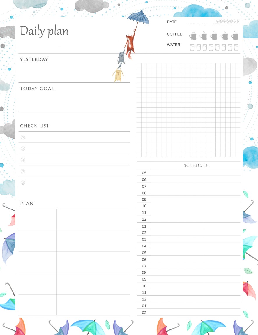 Printable Rain Daily Planner Work, A4 and US Letter Planner, Insert Printable Planner, Instant Download