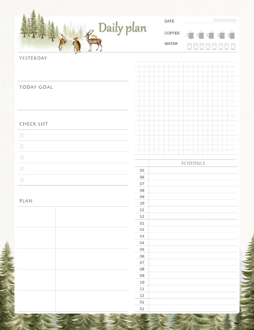 Printable Watercolor animals of forest Daily Planner Work, A4 and US Letter Planner, Insert Printable Planner, Instant Download