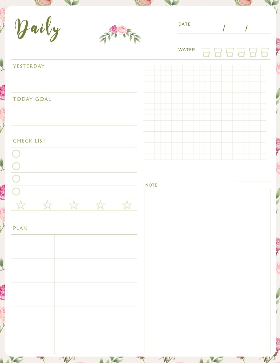 Watercolor Roses Printable Daily Planner Work, A4 and US Letter Planner, Insert Printable Planner, Instant Download