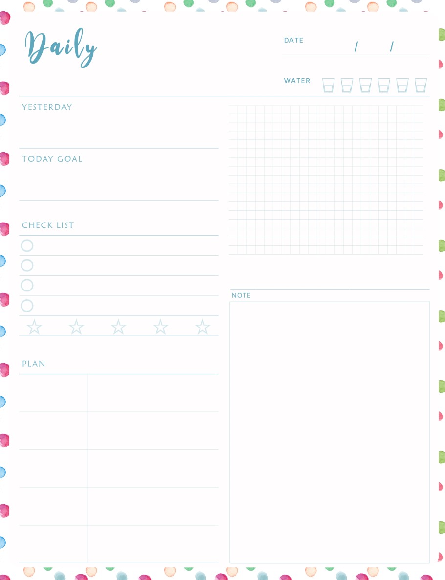 Watercolor Dots Printable Daily Planner Work, A4 and US Letter Planner, Insert Printable Planner, Instant Download