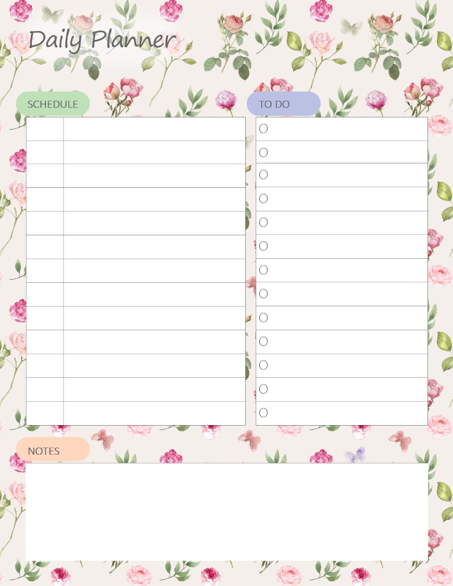 Printable Roses Daily Planner Work, A4 and US Letter Planner, Insert Printable Planner, Instant Download