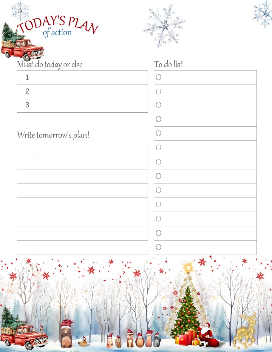 Printable Christmas Watercolor Woodland Animals Daily Planner Work, A4 and US Letter Planner, Insert Printable Planner, Instant Download