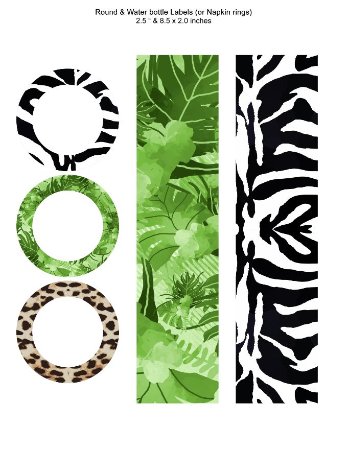 Jungle and Safari Round and Water bottle Labels or Napkin rings