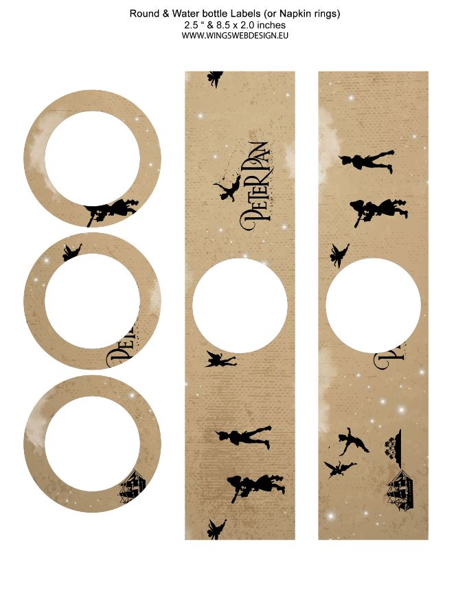 Neverland and Peter Pan Round and Water bottle Labels or Napkin rings