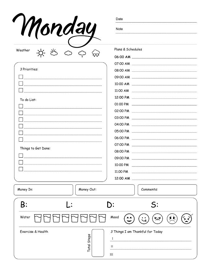 Monday Daily Planner, Monday Planner Productivity,  Monday Planner Work, A4 and US Letter Planner, Insert Printable Planner, Instant Download