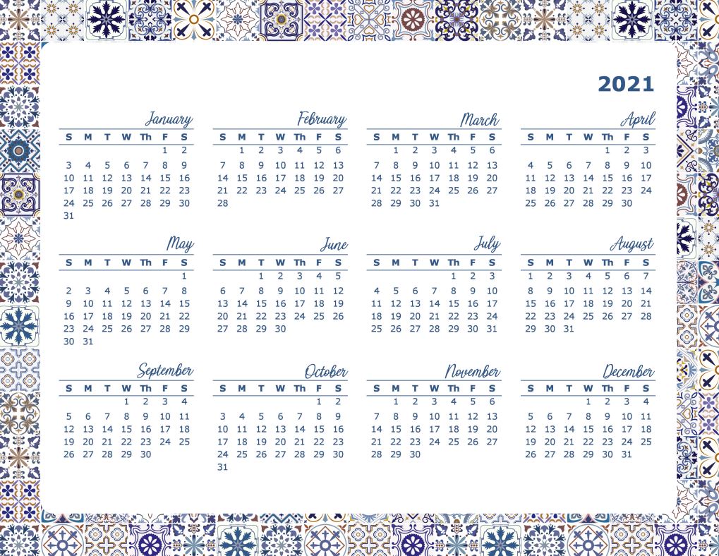 Printable Azulejos Happy Planner Calendar 2021